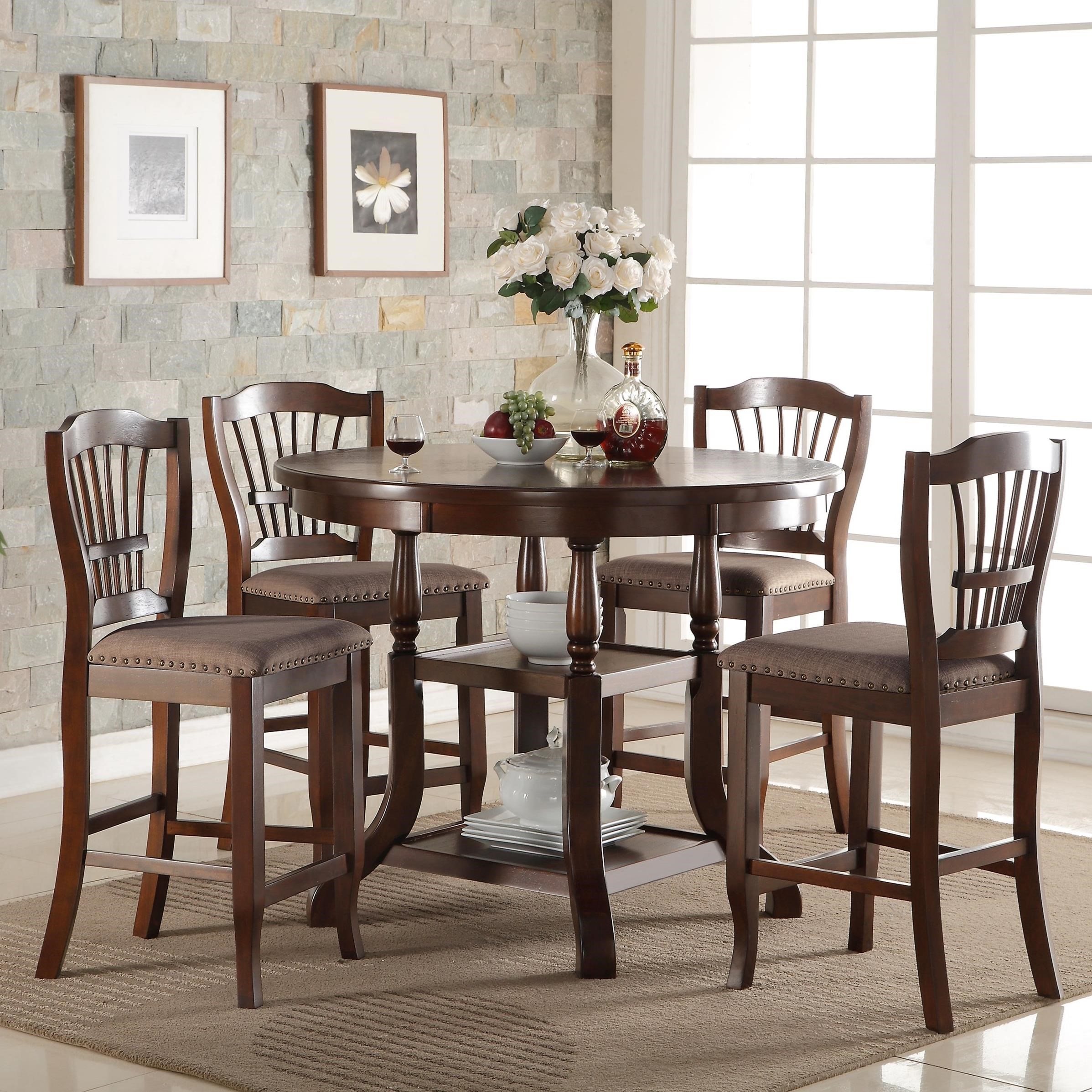 5 Piece Round Counter Table Set with Storage Shelves